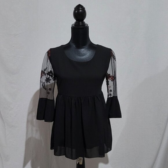 Elena Baldi blouse lacy goth fairy shirt sheer sleeves back floral embroidery - Picture 1 of 13